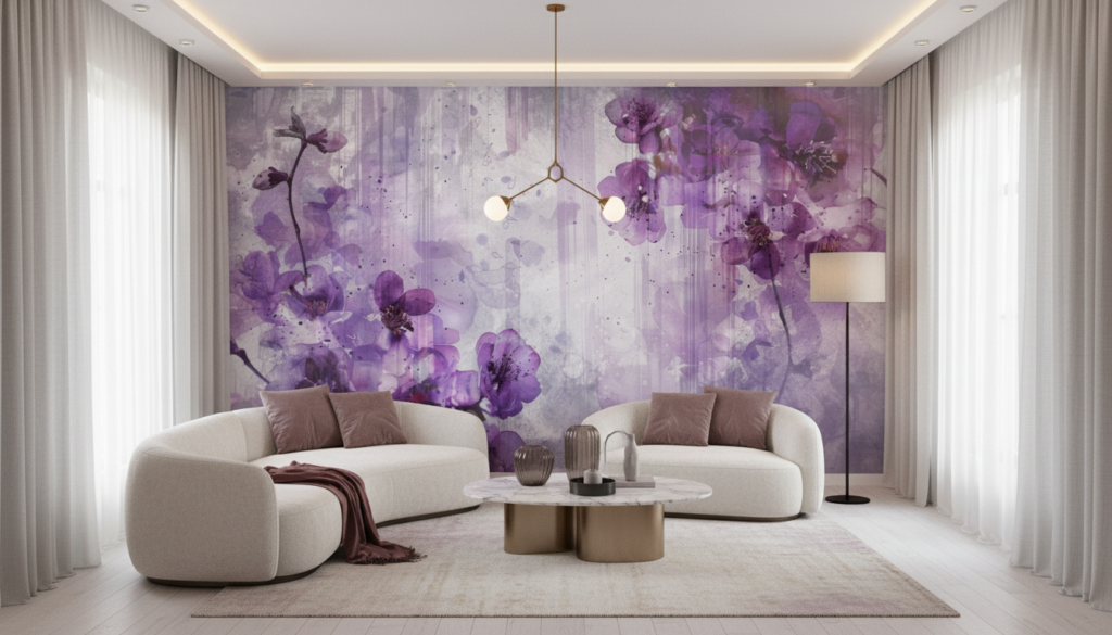 Papier peint floral aquarelle violette aux délicates fleurs romantiques - Salon / Séjour