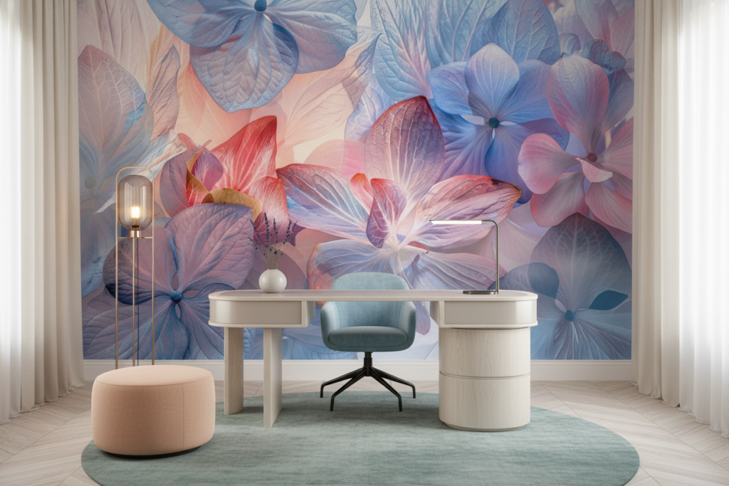 Papier peint floral artistique aux nuances pastel bleu corail - Bureau