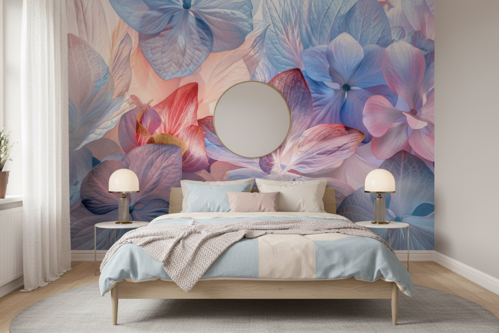 Papier peint floral artistique aux nuances pastel bleu corail - Chambre adulte