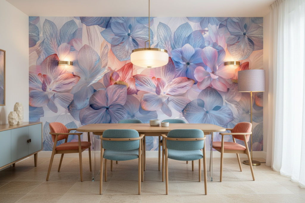 Papier peint floral artistique aux nuances pastel bleu corail - Salle à manger