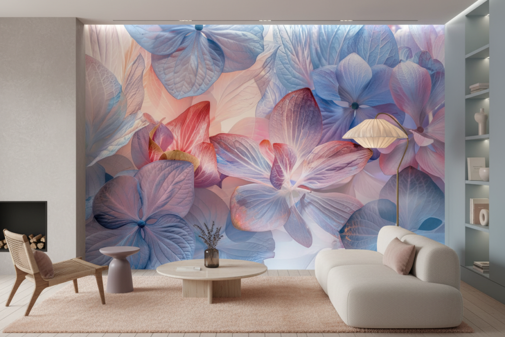 Papier peint floral artistique aux nuances pastel bleu corail - Salon / Séjour