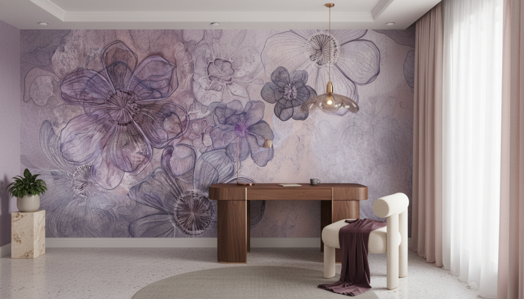Papier peint floral artistique aux nuances violettes et mauves délicates - Bureau