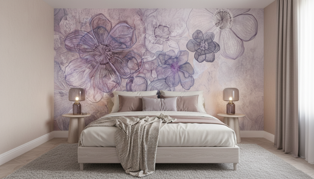 Papier peint floral artistique aux nuances violettes et mauves délicates - Chambre adulte