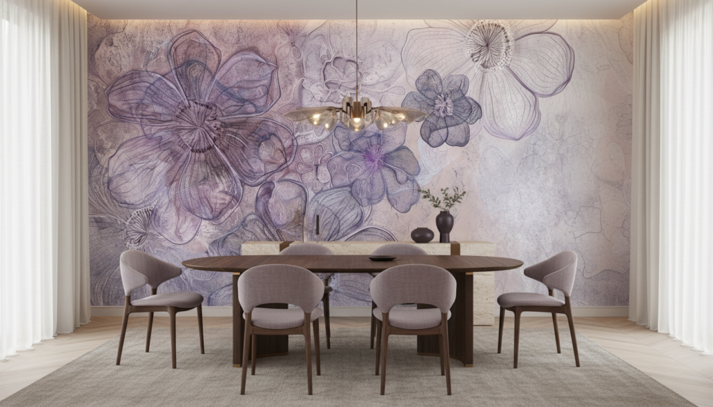 Papier peint floral artistique aux nuances violettes et mauves délicates - Salle à manger