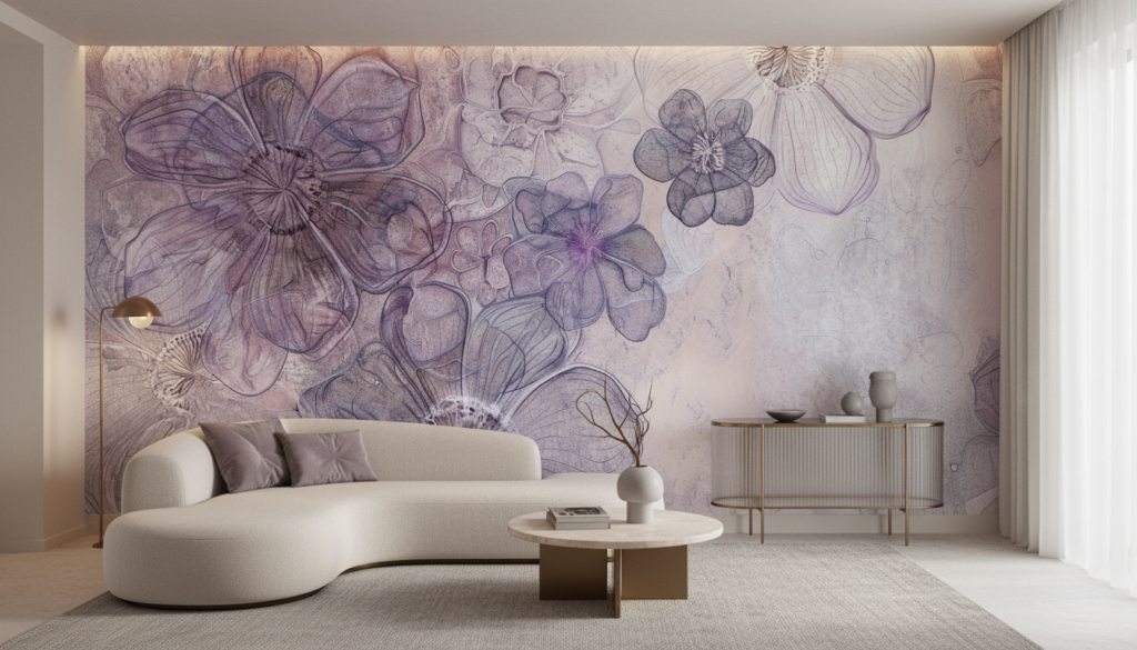 Papier peint floral artistique aux nuances violettes et mauves délicates - Salon / Séjour