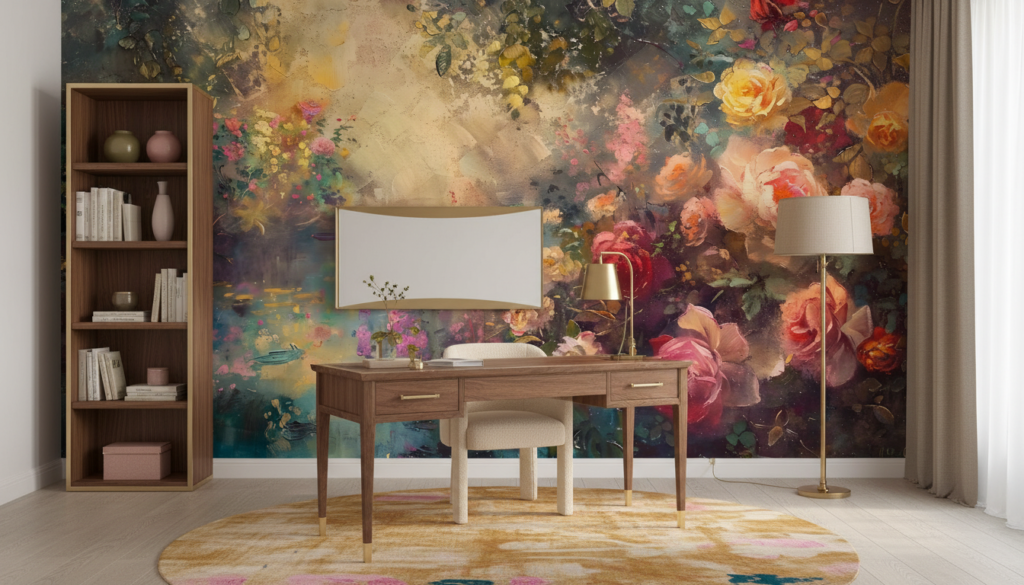 Papier Peint Floral Artistique aux Roses Romantiques et Nuances Pastel - Bureau