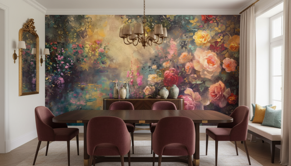 Papier Peint Floral Artistique aux Roses Romantiques et Nuances Pastel - Salle à manger