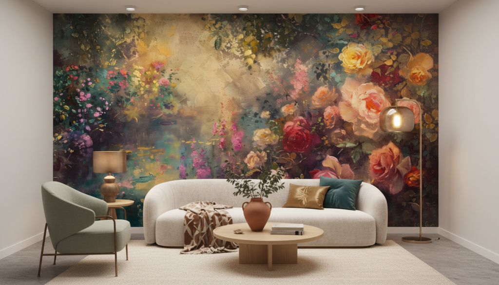 Papier Peint Floral Artistique aux Roses Romantiques et Nuances Pastel - Salon / Séjour