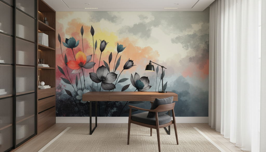 Papier peint floral artistique aux tons pastels et aquarelle moderne - Bureau
