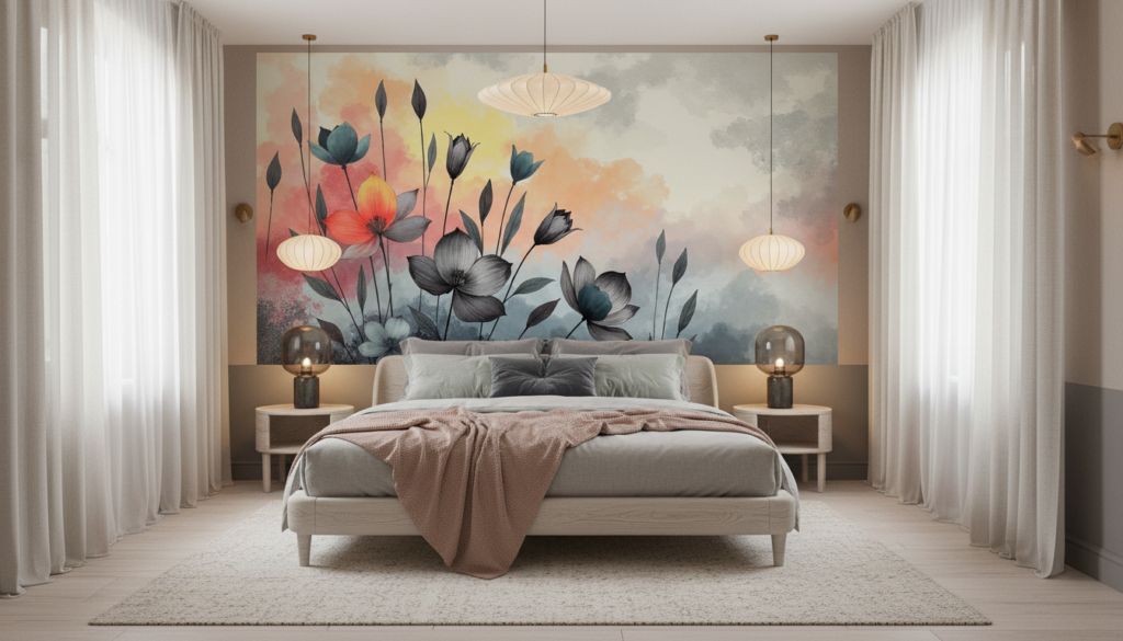 Papier peint floral artistique aux tons pastels et aquarelle moderne - Chambre adulte