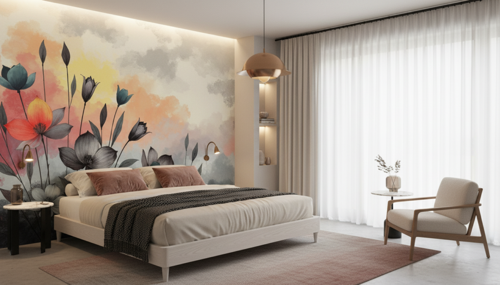 Papier peint floral artistique aux tons pastels et aquarelle moderne - Hôtel