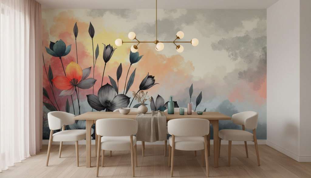 Papier peint floral artistique aux tons pastels et aquarelle moderne - Salle à manger