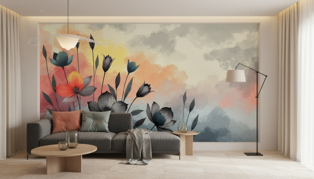 Papier peint floral artistique aux tons pastels et aquarelle moderne - Salon / Séjour