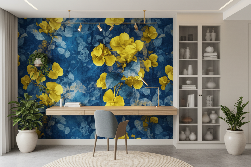 Papier peint floral artistique bleu et jaune moderne - Bureau