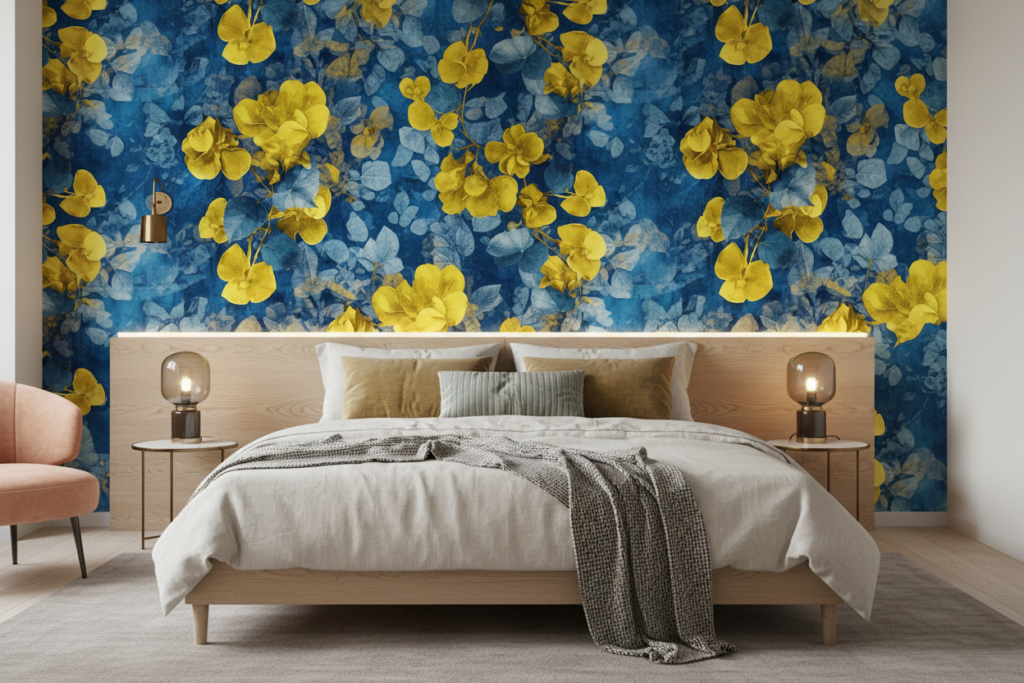 Papier peint floral artistique bleu et jaune moderne - Chambre adulte