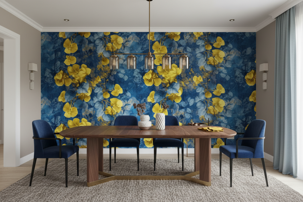 Papier peint floral artistique bleu et jaune moderne - Salle à manger