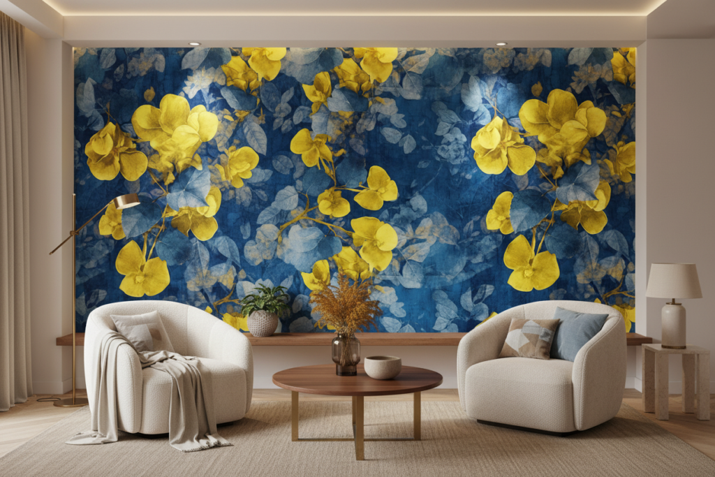 Papier peint floral artistique bleu et jaune moderne - Salon / Séjour