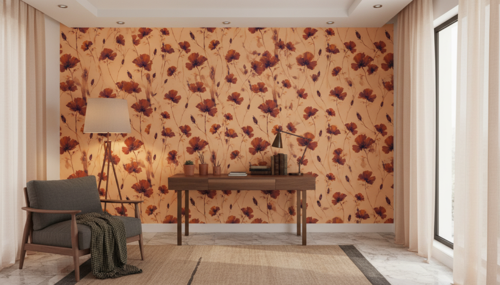 Papier Peint Floral Automnal à Motifs Cosmos Orange et Bordeaux - Bureau