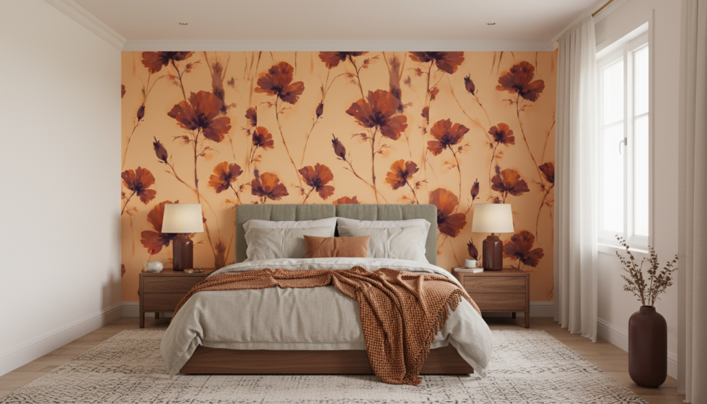 Papier Peint Floral Automnal à Motifs Cosmos Orange et Bordeaux - Chambre adulte