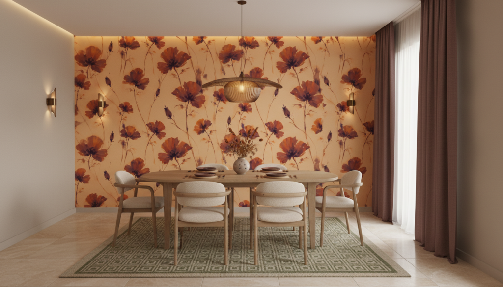 Papier Peint Floral Automnal à Motifs Cosmos Orange et Bordeaux - Salle à manger