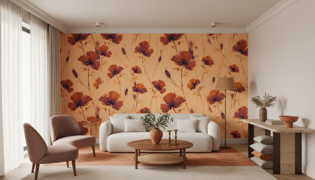 Papier Peint Floral Automnal à Motifs Cosmos Orange et Bordeaux - Salon / Séjour