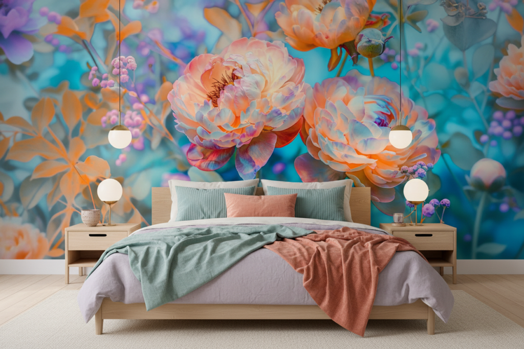 Papier peint floral aux pivoines multicolores effet infrarouge artistique - Chambre adulte