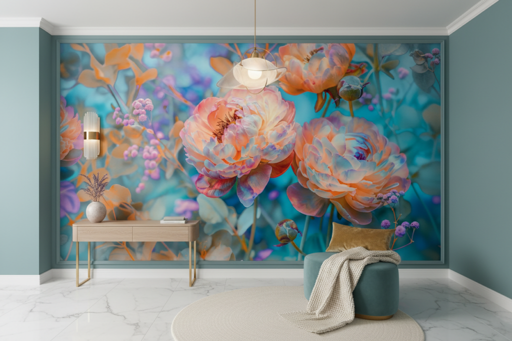 Papier peint floral aux pivoines multicolores effet infrarouge artistique - Entrée