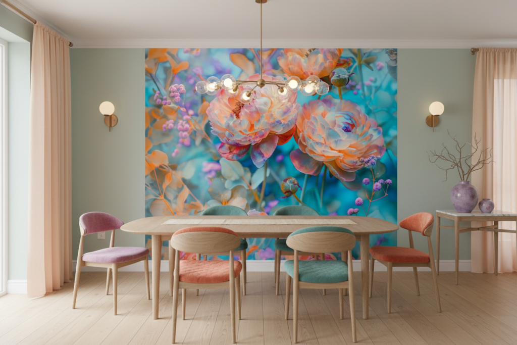 Papier peint floral aux pivoines multicolores effet infrarouge artistique - Salle à manger