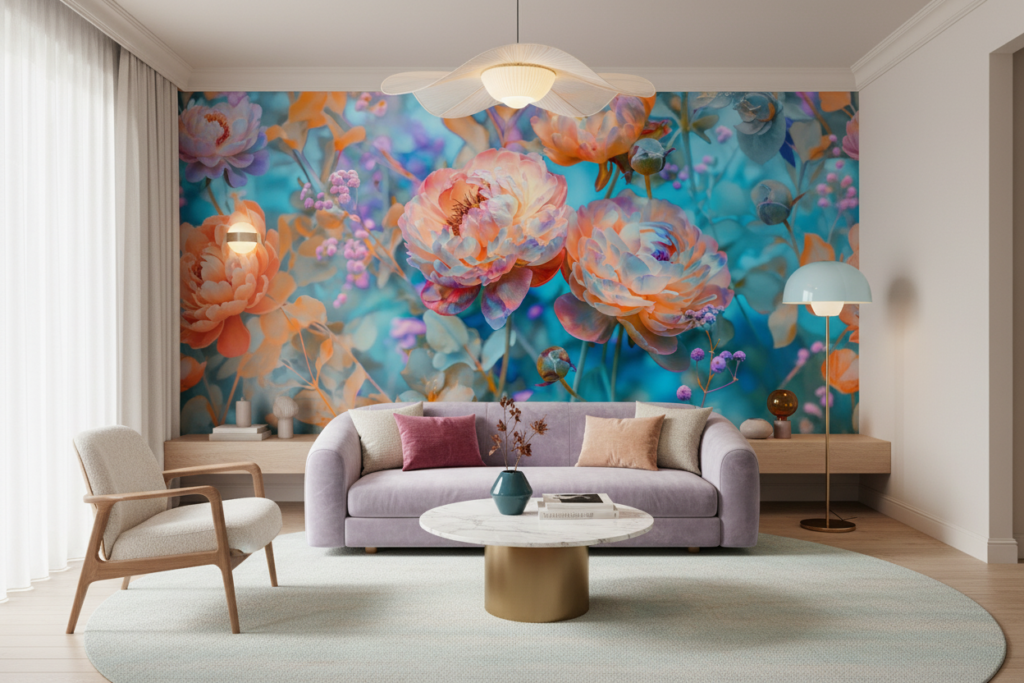 Papier peint floral aux pivoines multicolores effet infrarouge artistique - Salon / Séjour