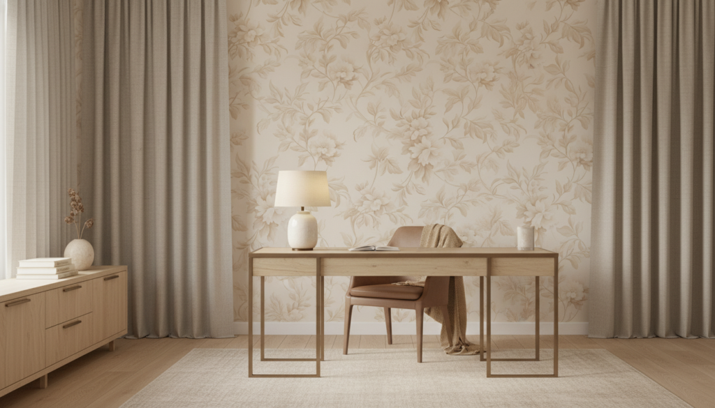 Papier peint floral beige élégant aux motifs botaniques délicats - Bureau