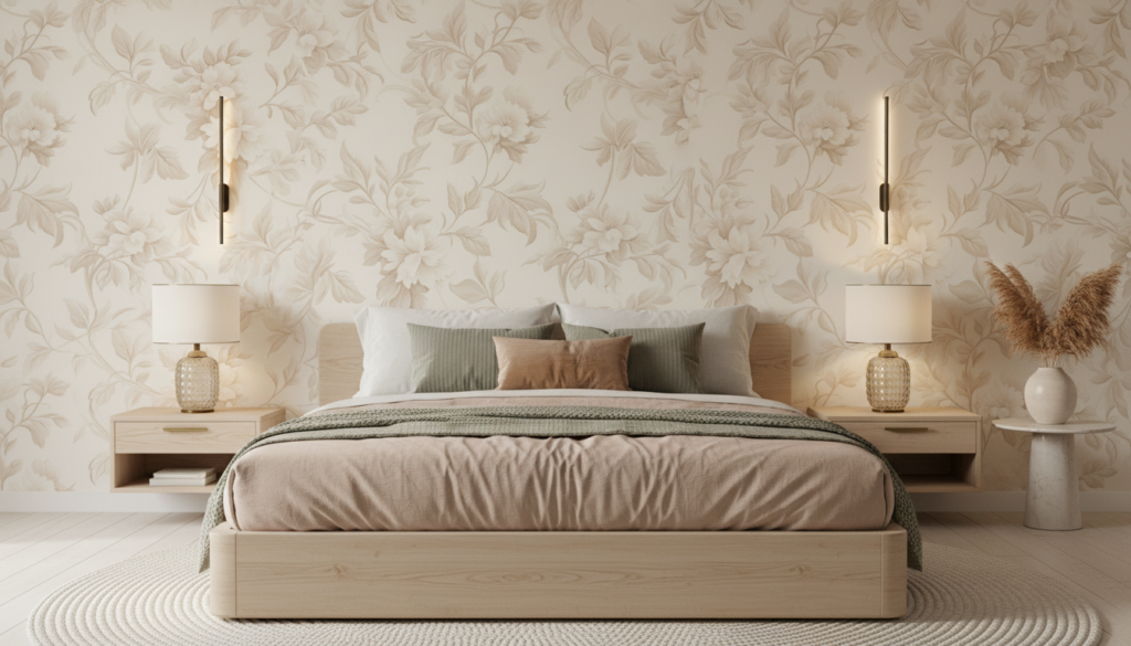 Papier peint floral beige élégant aux motifs botaniques délicats - Chambre adulte