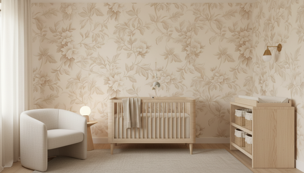 Papier peint floral beige élégant aux motifs botaniques délicats - Chambre bébé
