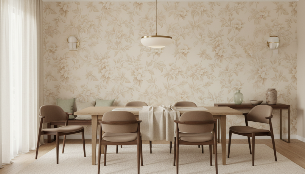 Papier peint floral beige élégant aux motifs botaniques délicats - Salle à manger