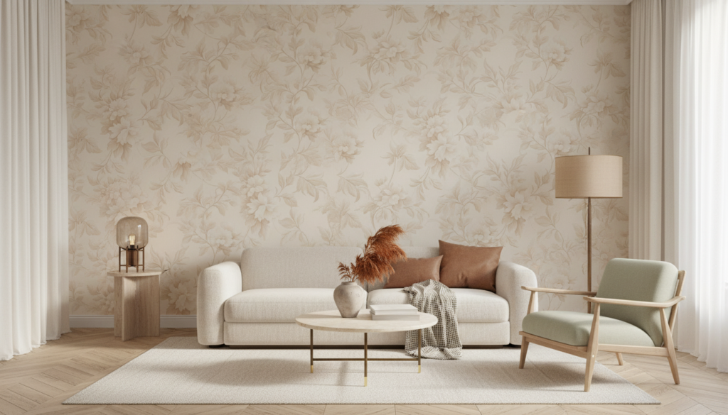Papier peint floral beige élégant aux motifs botaniques délicats - Salon / Séjour