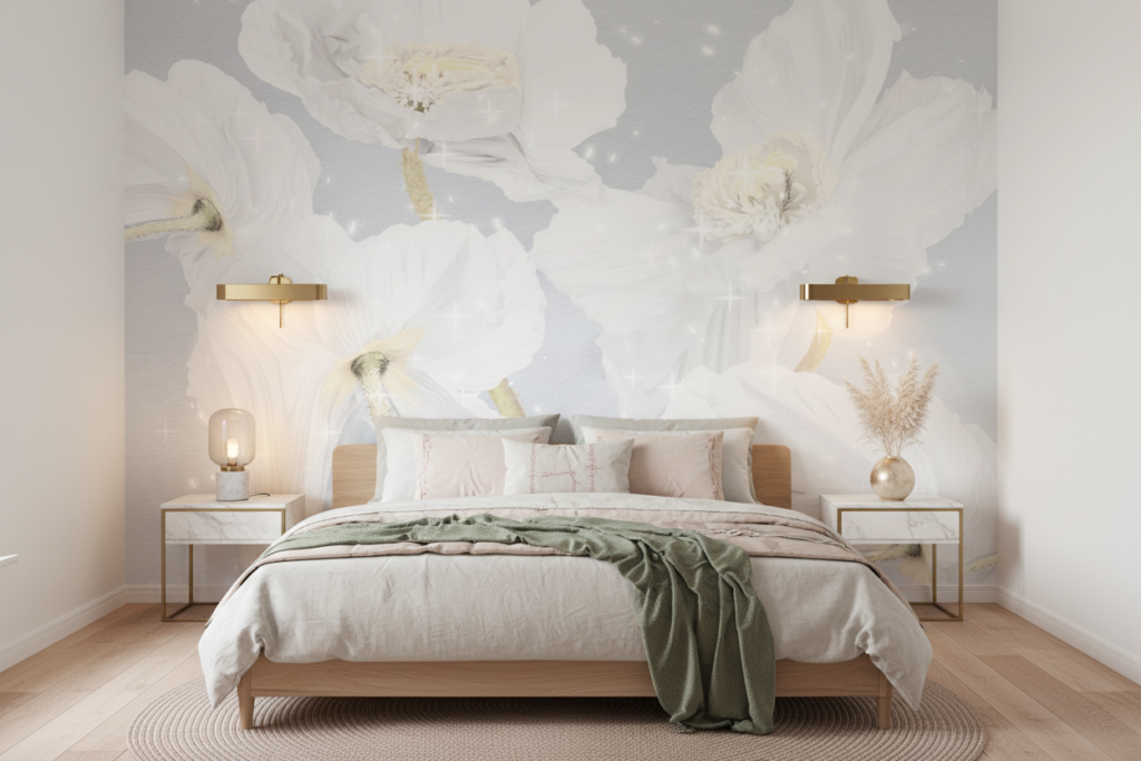 Papier peint floral blanc délicat avec motifs botaniques romantiques - Chambre adulte