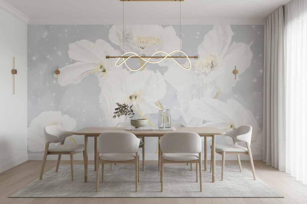 Papier peint floral blanc délicat avec motifs botaniques romantiques - Salle à manger