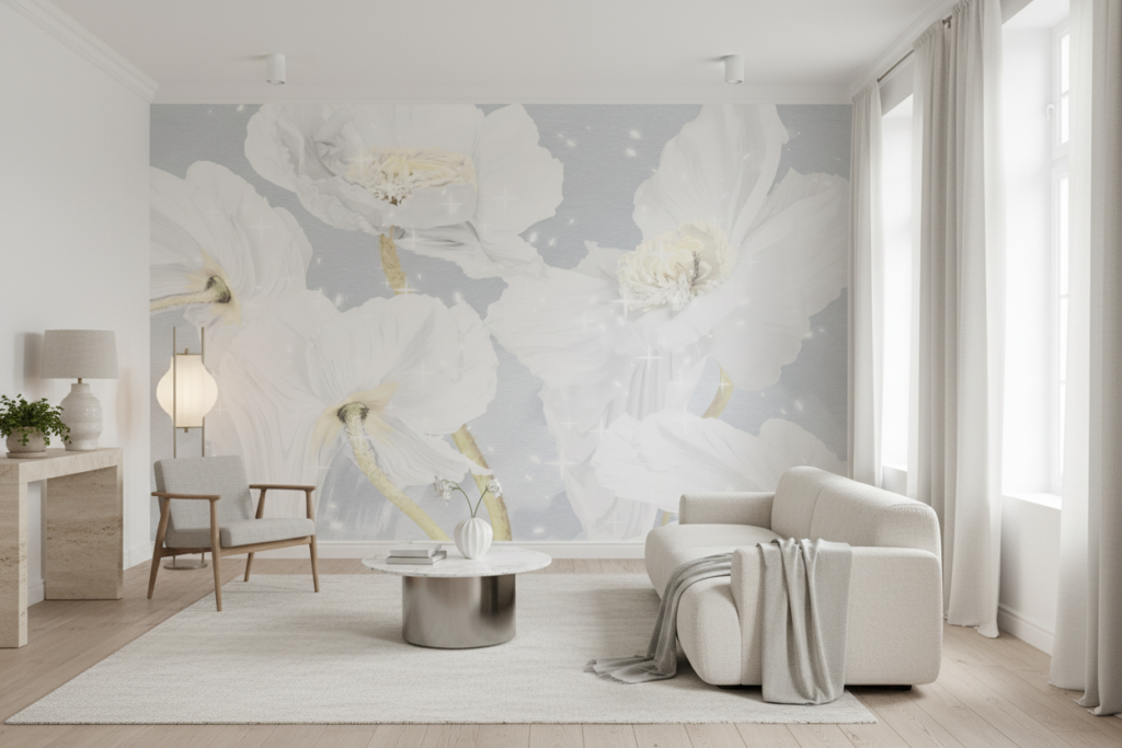 Papier peint floral blanc délicat avec motifs botaniques romantiques - Salon / Séjour