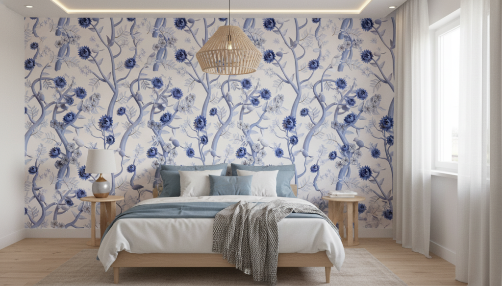 Papier peint floral bleu vintage aux motifs délicats serpentins - Chambre ado