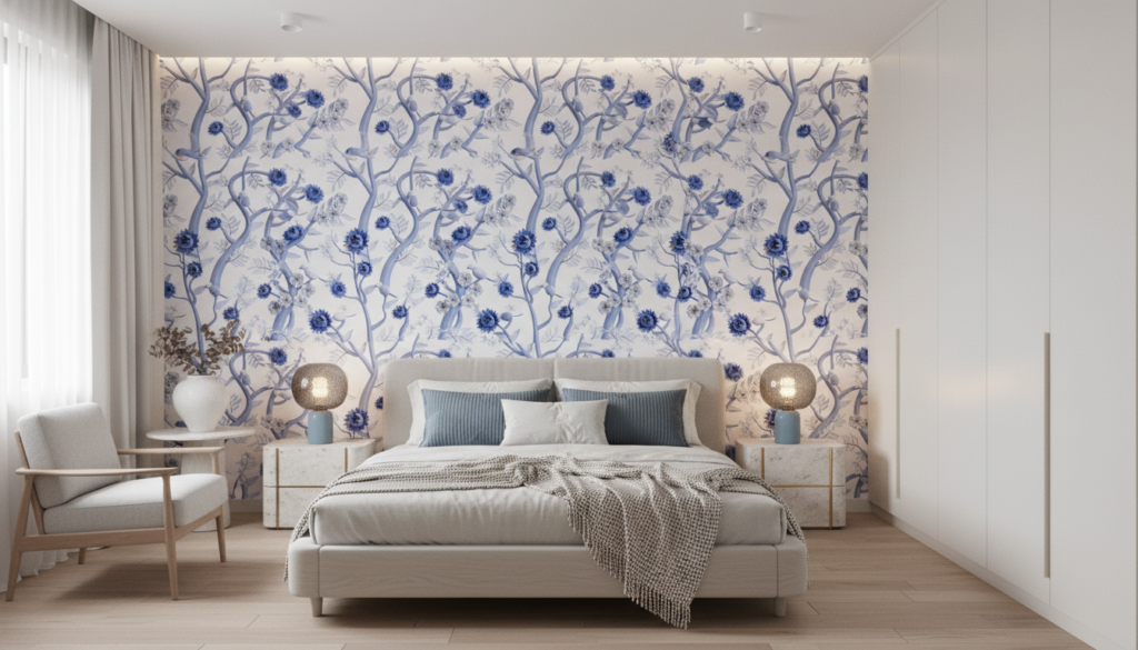 Papier peint floral bleu vintage aux motifs délicats serpentins - Chambre adulte