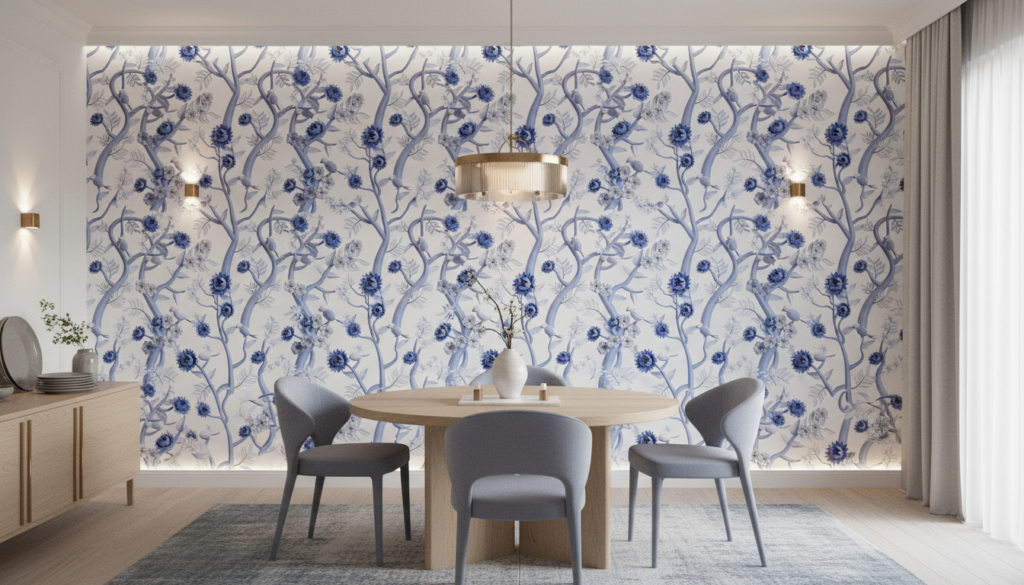 Papier peint floral bleu vintage aux motifs délicats serpentins - Salle à manger