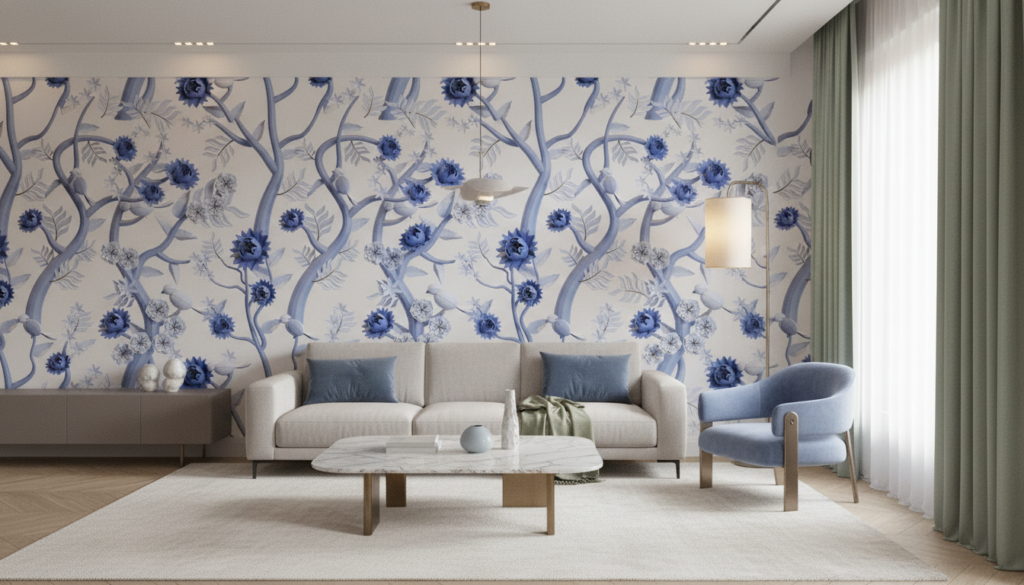 Papier peint floral bleu vintage aux motifs délicats serpentins - Salon / Séjour