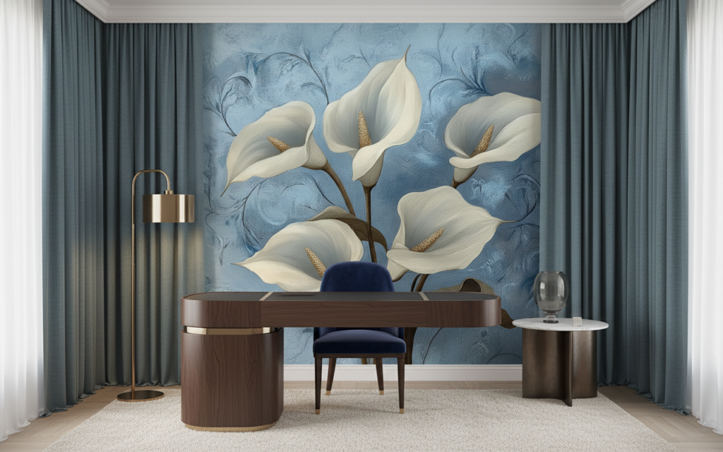 Papier peint floral élégant arums blancs fond bleu délicat - Bureau