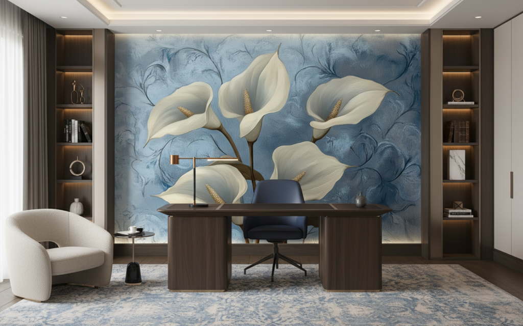 Papier peint floral élégant arums blancs fond bleu délicat - Bureau