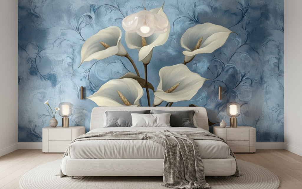 Papier peint floral élégant arums blancs fond bleu délicat - Chambre adulte