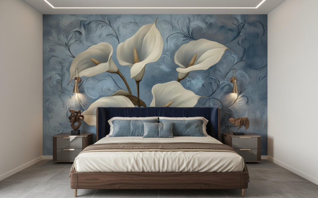 Papier peint floral élégant arums blancs fond bleu délicat - Chambre adulte