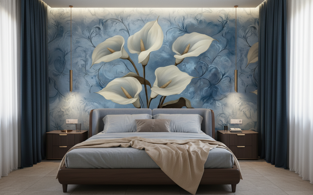 Papier peint floral élégant arums blancs fond bleu délicat - Chambre adulte
