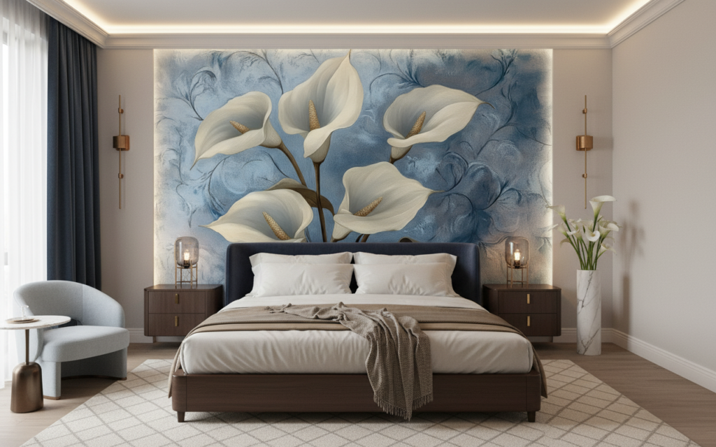 Papier peint floral élégant arums blancs fond bleu délicat - Chambre adulte