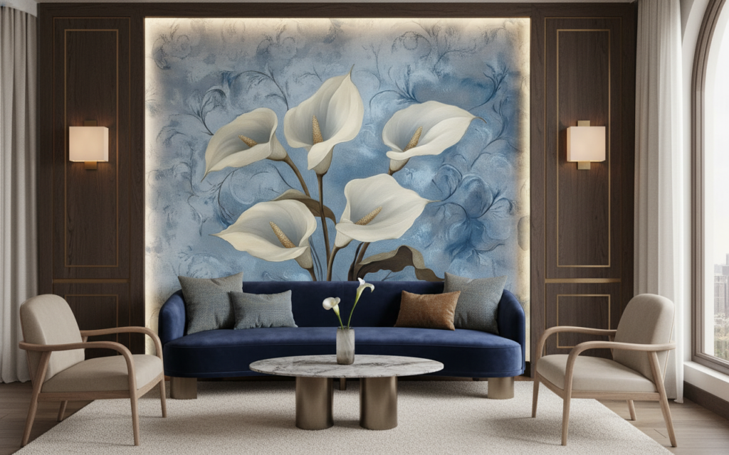 Papier peint floral élégant arums blancs fond bleu délicat - Hôtel