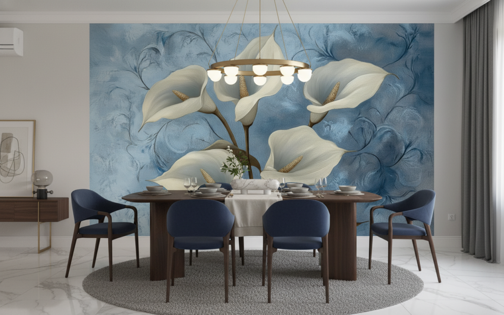 Papier peint floral élégant arums blancs fond bleu délicat - Salle à manger