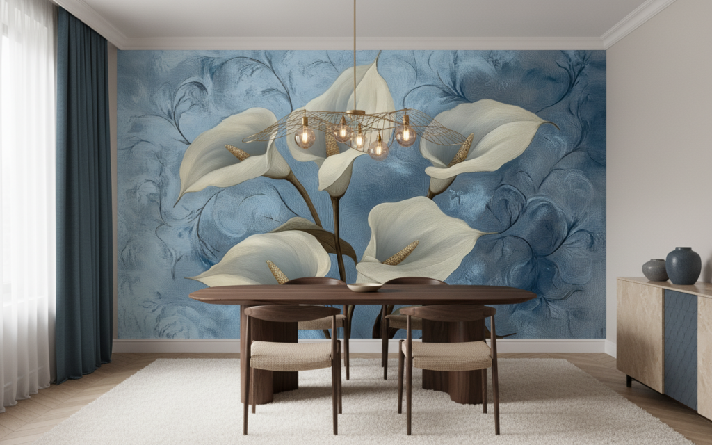 Papier peint floral élégant arums blancs fond bleu délicat - Salle à manger